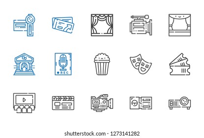 cinema icons set. Collection of cinema with projector, ticket, video camera, clapperboard, tickets, theatre, popcorn, recorder, theater, stage. Editable and scalable cinema icons.
