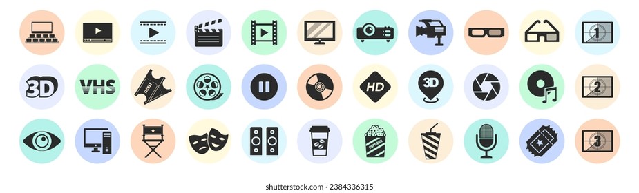 Cinema icons set. Containing camera, play, pause, media, online video, live, player, movie and cinema icons