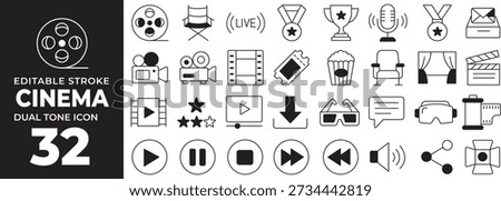 Cinema icons set with editable stroke film and video symbols dual tone design 32 elements black and white Vector illustration

