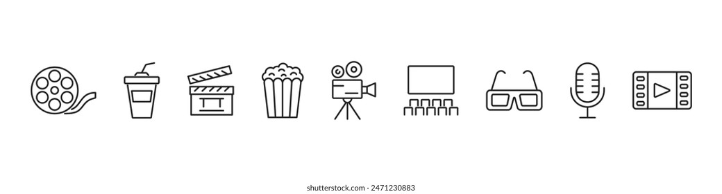 Cinema icons set. Film, movie, video, tv, cinema hall. Vector illustrations.