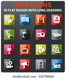 cinema icons set in flat design with long shadow
