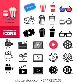 Cinema icons. Cinema icons set. Flat linear and silhouette style.