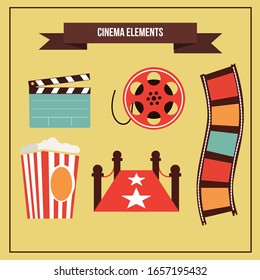 Cinema icons set in flat style. Movie industry objects. Colorful cinema illustrations isolated on white. Design elements for movie theater.