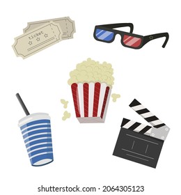Cinema icons set in flat style. Movie industry objects. Colorful cinema illustrations isolated on white. Design elements for movie theater. Vector illustration.
