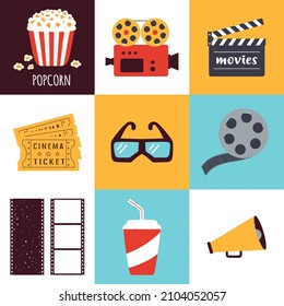 cinema icons set in flat style, design elements for movie theater, vector illustration of popcorn, filmstrip, glasses, tickets and drink