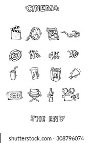 Cinema icons set. Hand drawn and signs. Vector illustration white isolated