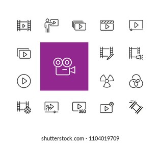 Cinema icons. Set of  line icons. Player filmstrip, camera. Video content concept. Vector illustration can be used for topics like online movie, video footage, streaming.