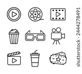 Cinema icons. Cinema set. Linear, silhouette, flat icons.