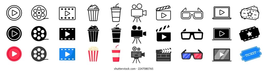 Cinema icons. Cinema set. Linear, silhouette, flat icons.