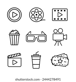 Cinema icons. Cinema set. Linear, silhouette, flat icons.