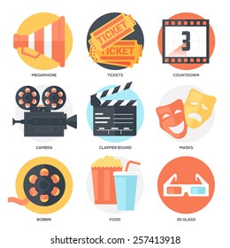 Cinema Icons Set (Megaphone, Tickets, Countdown, Camera, Clapper Board, Masks, Bobbin, Popcorn and Drink, Glasses). Flat Style with Long Shadows. Clean Design. Vector Illustration.