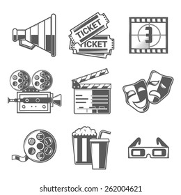 Cinema Icons Set (Megaphone, Tickets, Countdown, Camera, Clapper Board, Masks, Bobbin, Popcorn and Drink, Glasses). Black Outline Style. Vector Illustration.