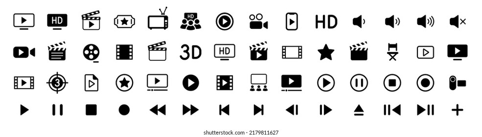 Cinema icons set. Movie Icons collection. Clapper board icon set. Contains such icon as film, movie, tv, video and more. Movie, Video icons, Collection film, TV sign. Vector illustration. svg