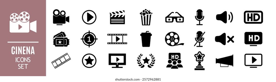 Cinema icons set. Movie Icons collection. Popcorn box, movie, clapper board, film, movie, tv, video and other.