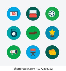 Cinema icons set. Movie loudspeaker and cinema icons with cinema, theater spotlight and 3d movie. Set of professional for web app logo UI design.