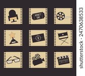 Cinema icons set. Movie theatre attributes collection. Filming collection of elements in flat style and classic retro colours