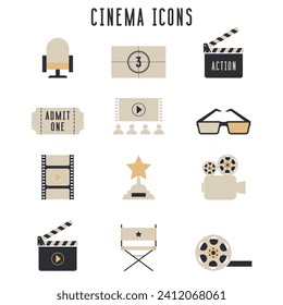 Cinema icons set. Movie theatre attributes collection. Filming illustration