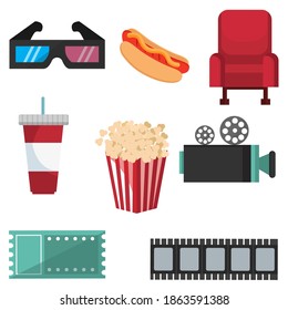 Cinema icons set movie web site creative 3d symbols with shadow halftone colors . EPS 10