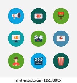 Cinema icons set. Play video and cinema icons with open clapper, movie director and director chair. Set of theater for web app logo UI design.