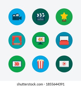 Cinema icons set. Play video and cinema icons with 4k cinema, popcorn and open clapper. Set of professional for web app logo UI design.