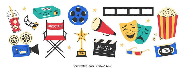 Cinema icons set with popcorn, projector, director chair, clapperboard and film reel.