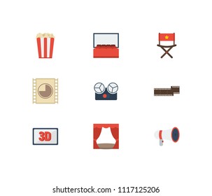 Cinema icons set. Popcorn and cinema icons, cinema tape and cinema director chair. Set of professional for web app logo UI design.