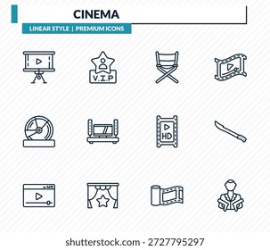 Kino-Icons-Set - Projektor-Bildschirm, VIP-Person, Filmregisseur, hete, Hitman-Umriss Vektor-Sammlung.
