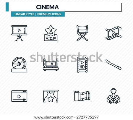 cinema icons set - projector screen, vip person, film director, hete, hitman outline vector collection.