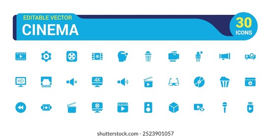 Kinosymbole festgelegt. Einfache Sammlung von Filmen solides Symbol. Gefüllte Icons Pack, Glyphensatz für Web und ui. Solides Symbol. Vektorgrafik.