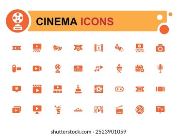 Cinema icons set. Simple collection of movies solid icon. Filled icons pack, glyph set for web and ui. Solid icon. Vector illustration.