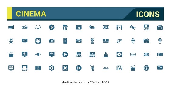 Kinosymbole festgelegt. Einfache Sammlung von Filmen solides Symbol. Gefüllte Icons Pack, Glyphensatz für Web und ui. Solides Symbol. Vektorgrafik.