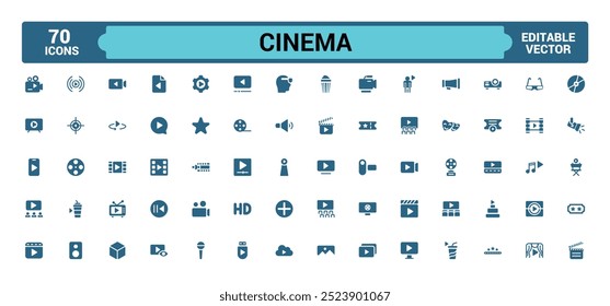 Ícones de cinema definidos. Simples coleção de filmes ícone sólido. Pacote de ícones preenchidos, conjunto de glifos para Web e interface do usuário. Ícone do Solid. Ilustração vetorial.