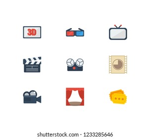 Cinema icons set. Television and cinema icons with cinema ticket, film show and 3d glasses. Set of professional for web app logo UI design.