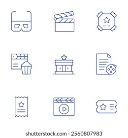 Cinema icons set. Thin Line style, editable stroke. d glasses, cinema, clapperboard, movie poster, scenario, ticket.