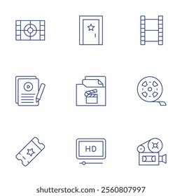 Cinema icons set. Thin Line style, editable stroke. door, film, film strip, movie, script, ticket, scenario, hd film, video camera.