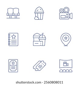 Cinema icons set. Thin Line style, editable stroke. camera, cinema, movie seat, pop corn, script, snacks, ticket, tickets.