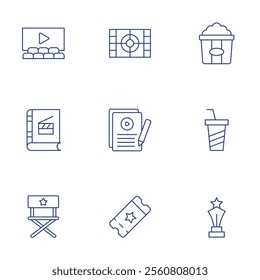 Cinema icons set. Thin Line style, editable stroke. cinema, director chair, movie, popcorn, script, soft drinks, ticket, trophy.