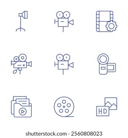 Cinema icons set. Thin Line style, editable stroke. light, video camera, film reel, hd, video files.