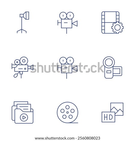 Cinema icons set. Thin Line style, editable stroke. light, video camera, film reel, hd, video files.