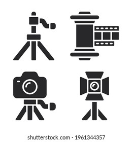 Cinema icons set = tripod, film, camera, lighting. Perfect for website mobile app, app icons, presentation, illustration and any other projects.