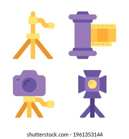 Cinema icons set = tripod, film, camera, lighting. Perfect for website mobile app, app icons, presentation, illustration and any other projects.