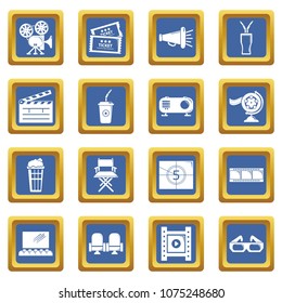 Cinema icons set vector blue square isolated on white background 