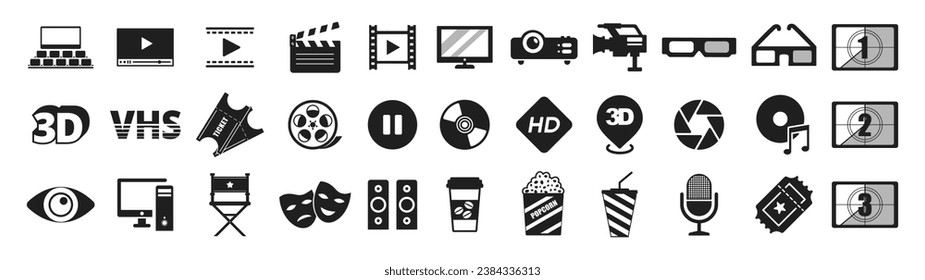 Cinema icons set vector illustration. Film, Clapperboard, Camera, Video, Play, Microphone, Media settings and more