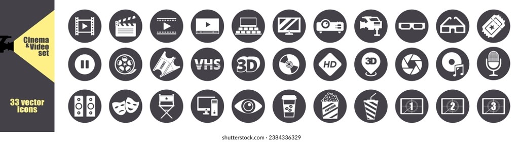 Cinema icons set vector illustration. Film, Clapperboard, Camera, Video, Play, Microphone, Media settings and more