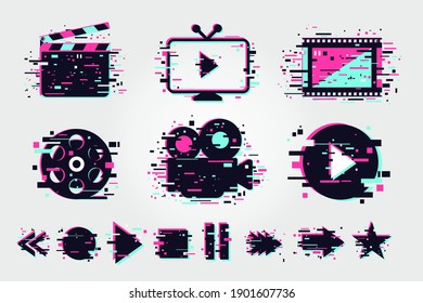 Iconos de cine. Colección de signos vectoriales para la película. Objetos de vídeo en línea. Símbolos de estilo glitch para la televisión. Ilustraciones de color aisladas en blanco.