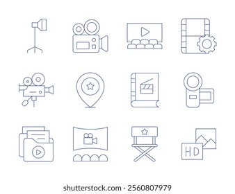 Cinema icons. Thin Line style, editable stroke. light, video camera, camera, cinema, director chair, hd, film reel, video files.