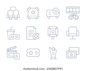 Cinema icons. Thin Line style, editable stroke. movie poster, scenario, ticket, chair, cinema, clapperboard, projector, spotlight, trophy.