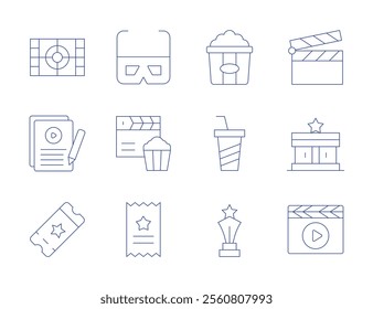 Cinema icons. Thin Line style, editable stroke. d glasses, cinema, clapperboard, movie, popcorn, script, soft drinks, ticket, trophy.