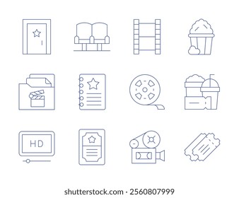 Cinema icons. Thin Line style, editable stroke. door, film, film strip, scenario, hd film, movie seat, pop corn, script, snacks, ticket, tickets, video camera.