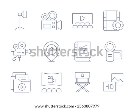 Cinema icons. Thin Line style, editable stroke. light, video camera, camera, cinema, director chair, hd, film reel, video files.